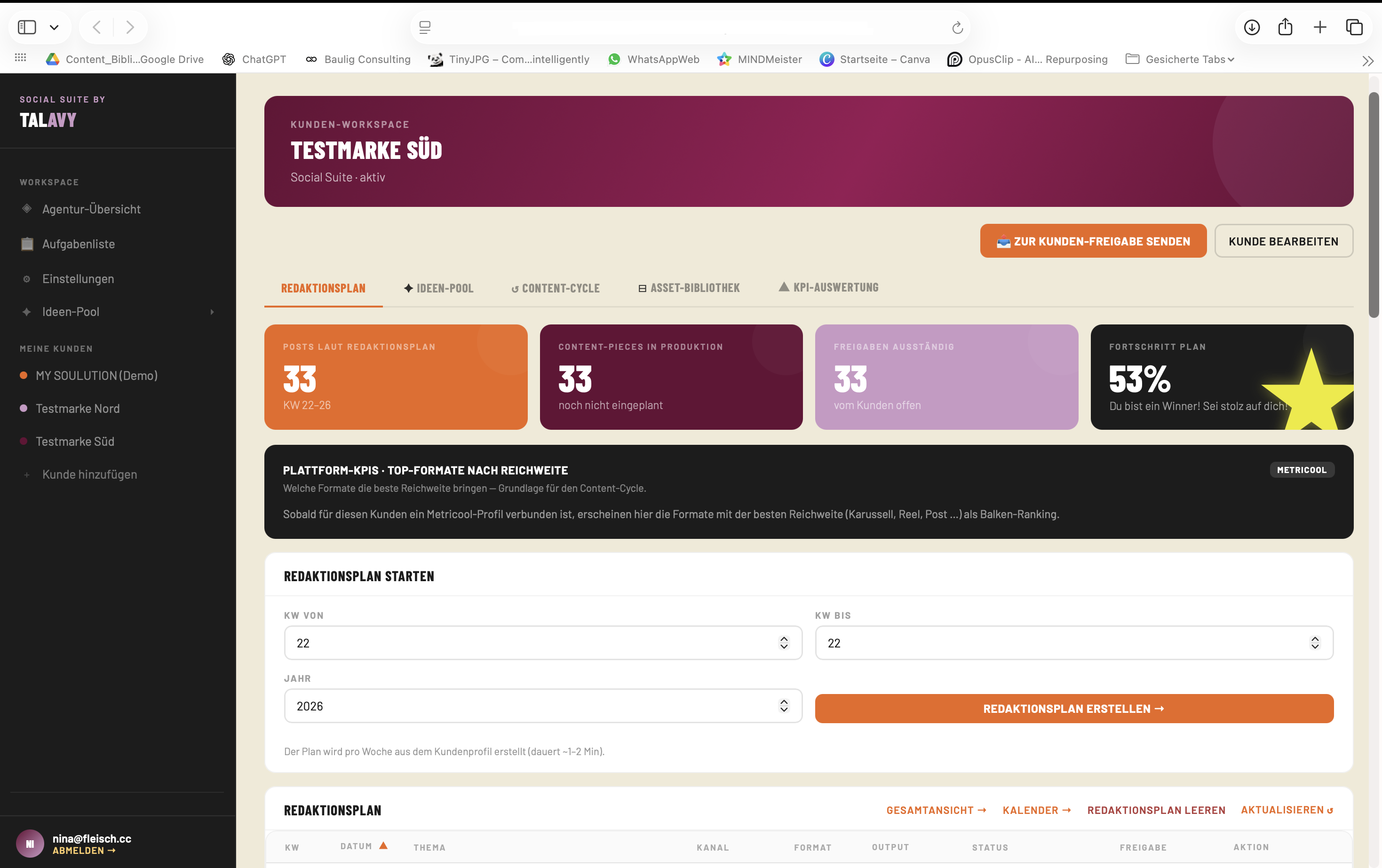TALAVY Social Suite – Kundenansicht Testmarke Süd mit Redaktionsplan und Content-Cycle